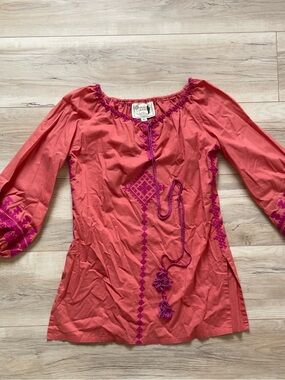 Women's Coral Embroidered Peasant Tunic with Fuchsia Accents